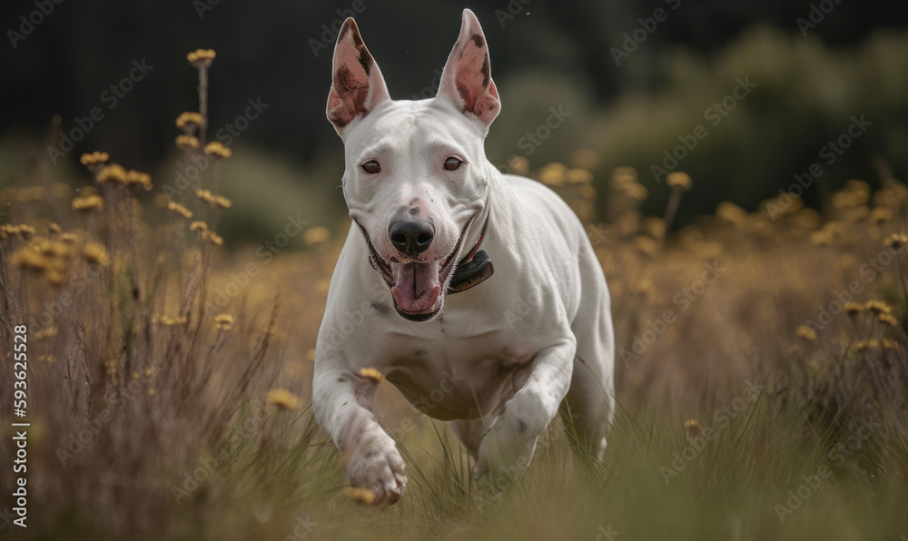 Energetic Bull Terrier in Natural Setting as it joyfully bounds through a grassy meadow, showcasing the muscular physique and playful nature of the dog. Generative AI.