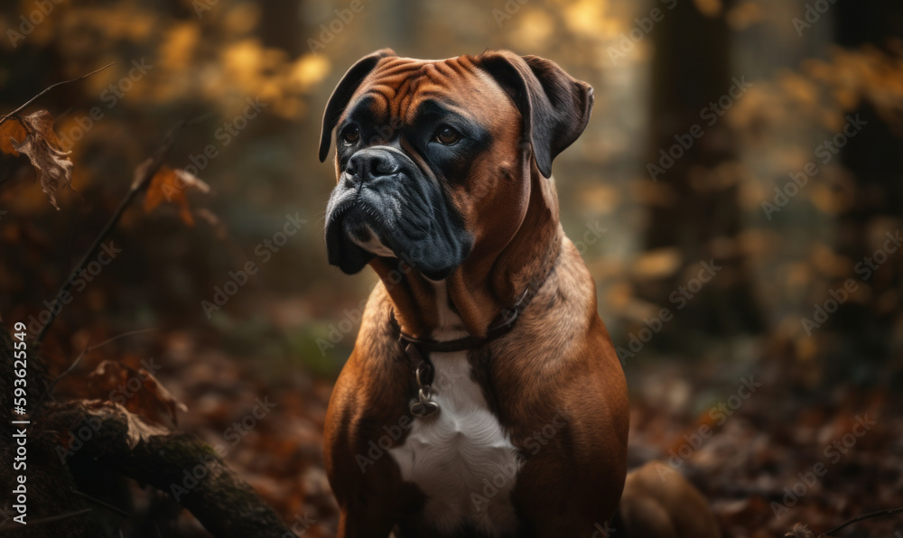 Fototapeta premium photo of Boxer dog on forest background. Generative AI