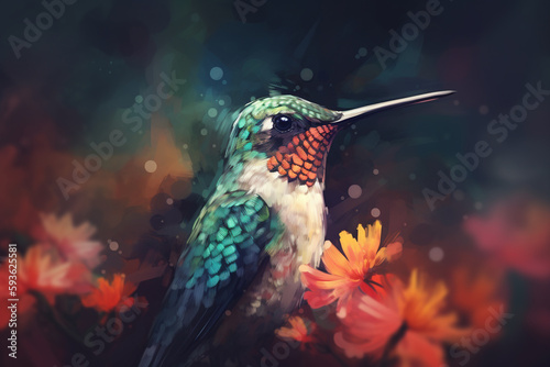 The Vibrant Hummingbird: A Colorful Painting of a Beautiful Bird © artefacti