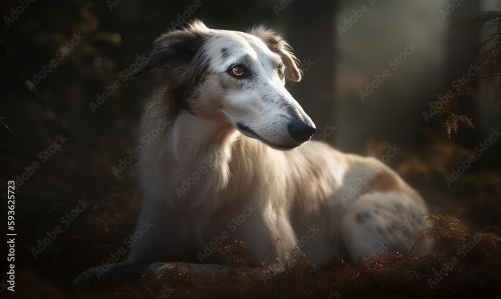 close up photo of borzoi lying in a forest. Generative AI close up photo of borzoi lying in a forest. Generative AI