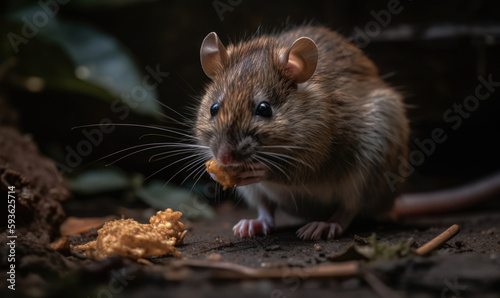 Photo of Brown rat in natural urban environment. The rat is frozen mid-movement, with its sharp claws digging into a discarded piece of food, showcasing its agility and resourcefulness. Generative AI © Bartek