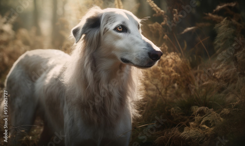 close up photo of borzoi on forest background. Generative AI