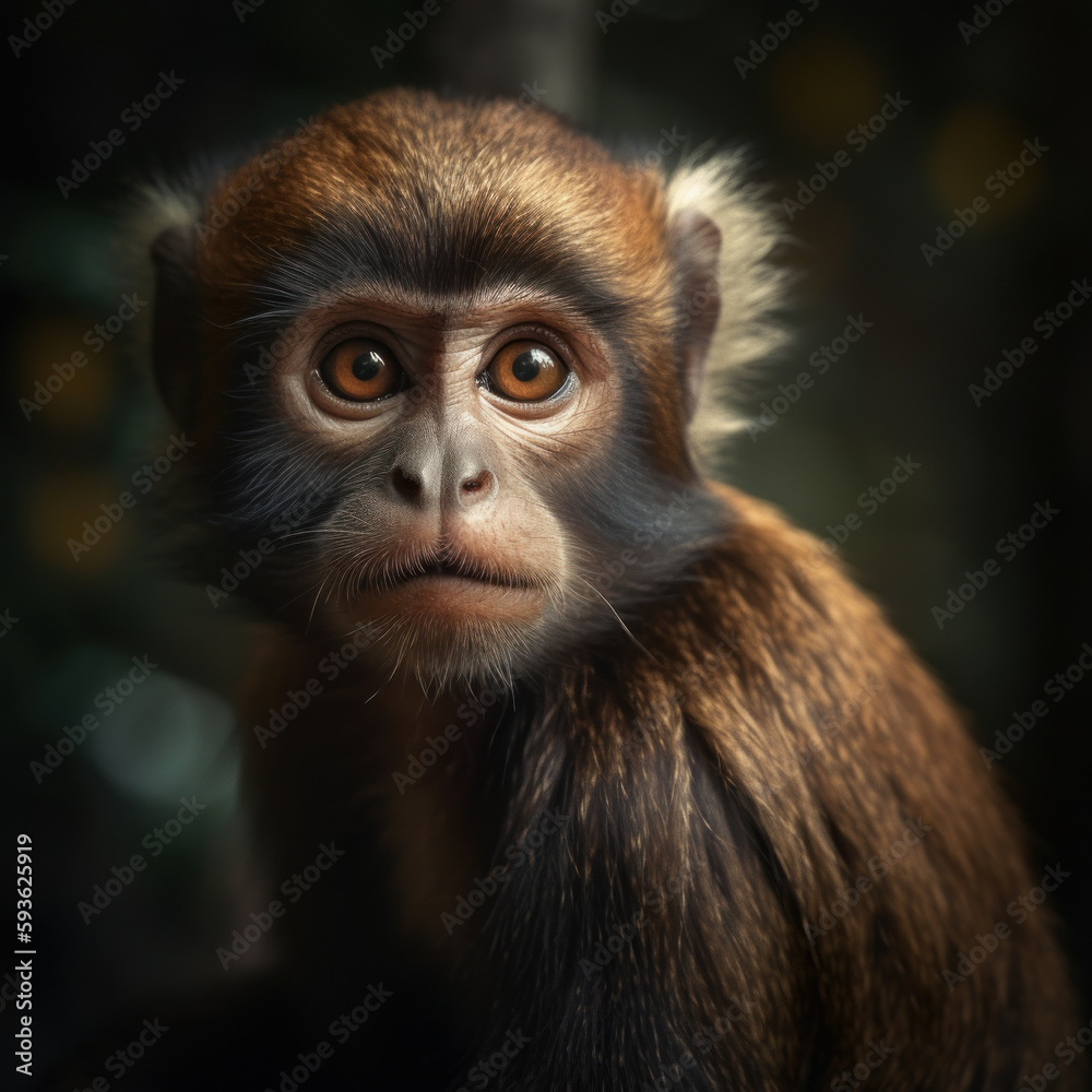 Bonnet monkey in the forest with bokeh background. Generative AI
