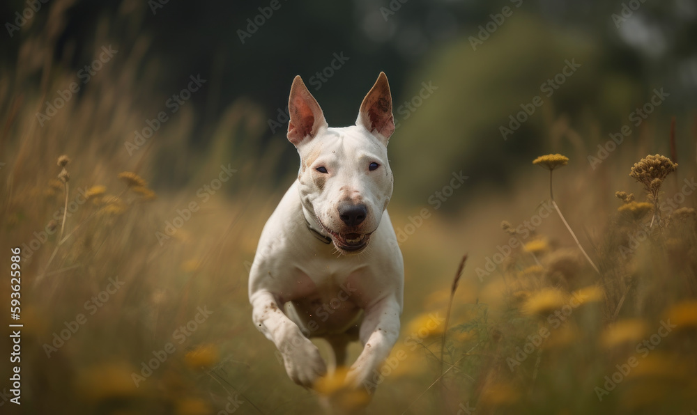 Energetic Bull Terrier in Natural Setting as it joyfully bounds through a grassy meadow, showcasing the muscular physique and playful nature of the dog. Generative AI.