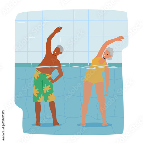 Senior Characters Exercise In Pool, Smiling While Participating In Fun Aqua Aerobics Class, Improving Their Fitness