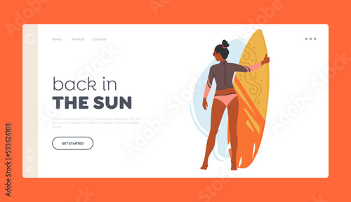 Surfing Fun Landing Page Template. Young Woman Character In Swimsuit With Surfboard In Hands Standing On Beach Rear View