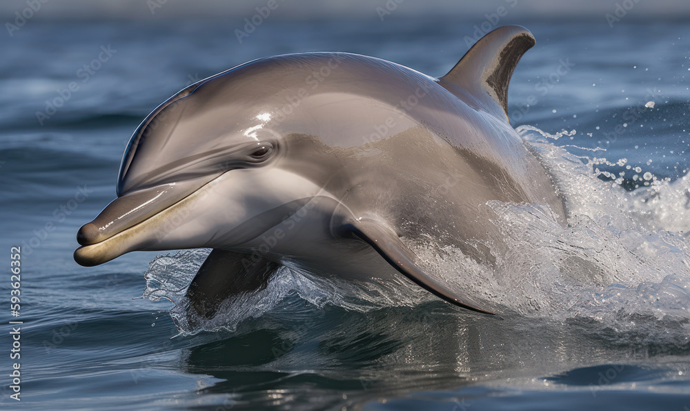 Fototapeta premium photo of bottlenose dolphin leaping out of the water in its natural habitat. Generative AI