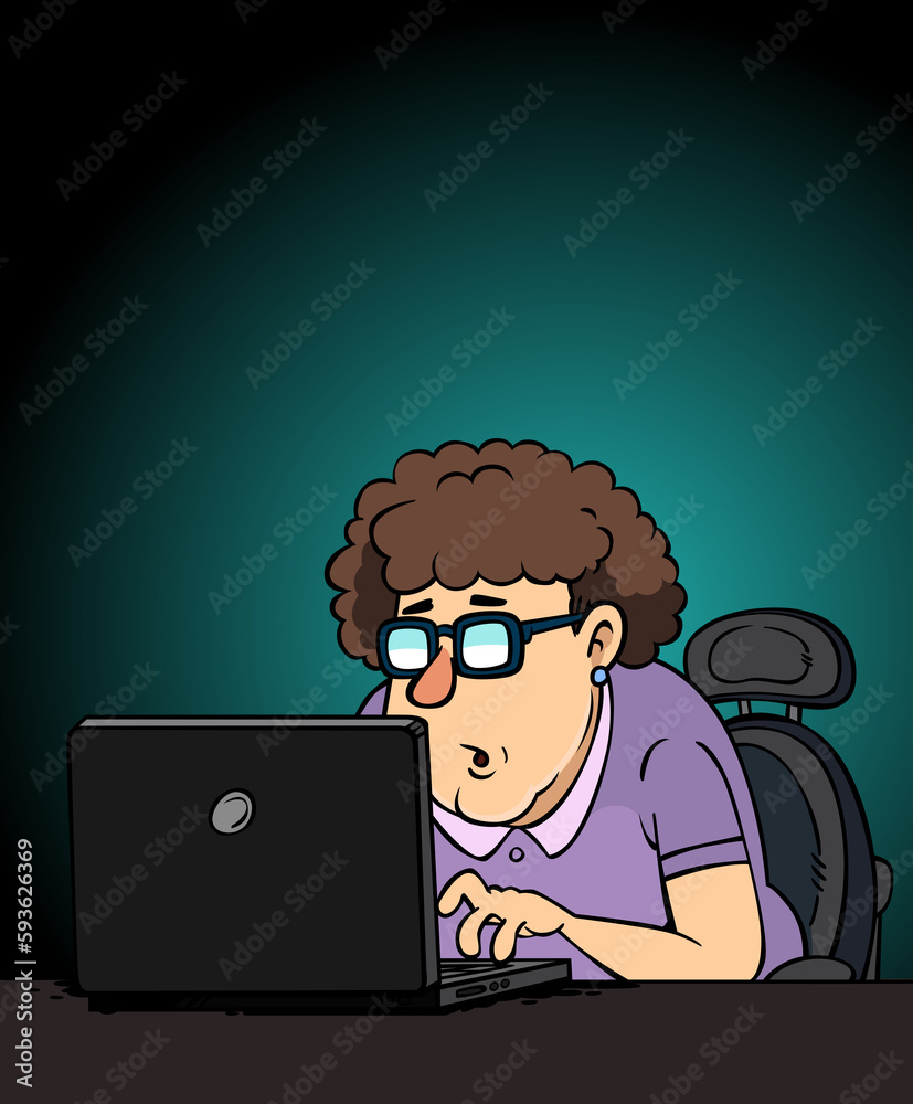 cartoon granny hacker at night in front of laptop