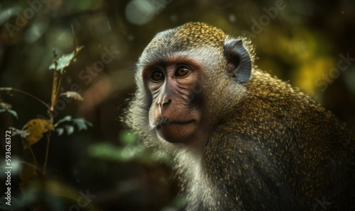 close up photo of bonnet monkey on jungle background. Generative AI