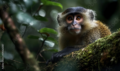 bonnet monkey perched on a tree branch, its body covered in thick fur with a distinctive "bonnet" of hair on its head, lush greenery in the background. Generative AI