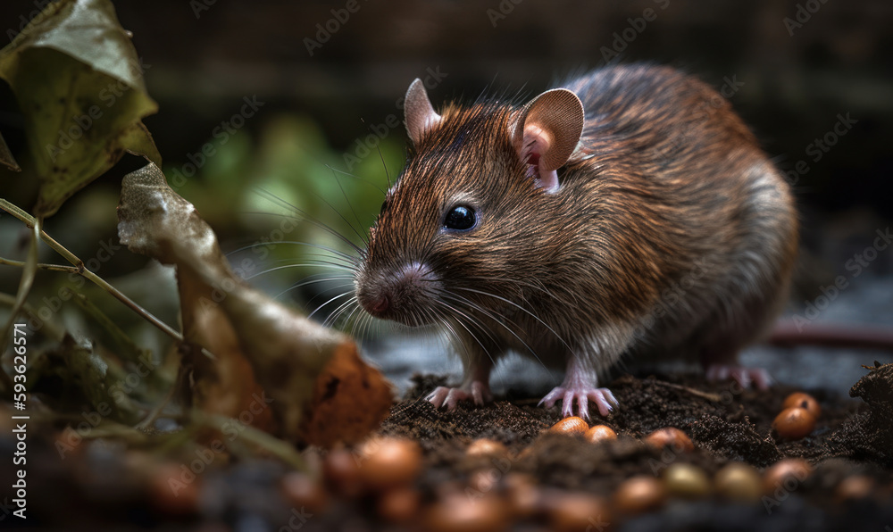 Photo of Brown rat in natural urban environment. The rat is frozen mid-movement, with its sharp claws digging into a discarded piece of food, showcasing its agility and resourcefulness. Generative AI