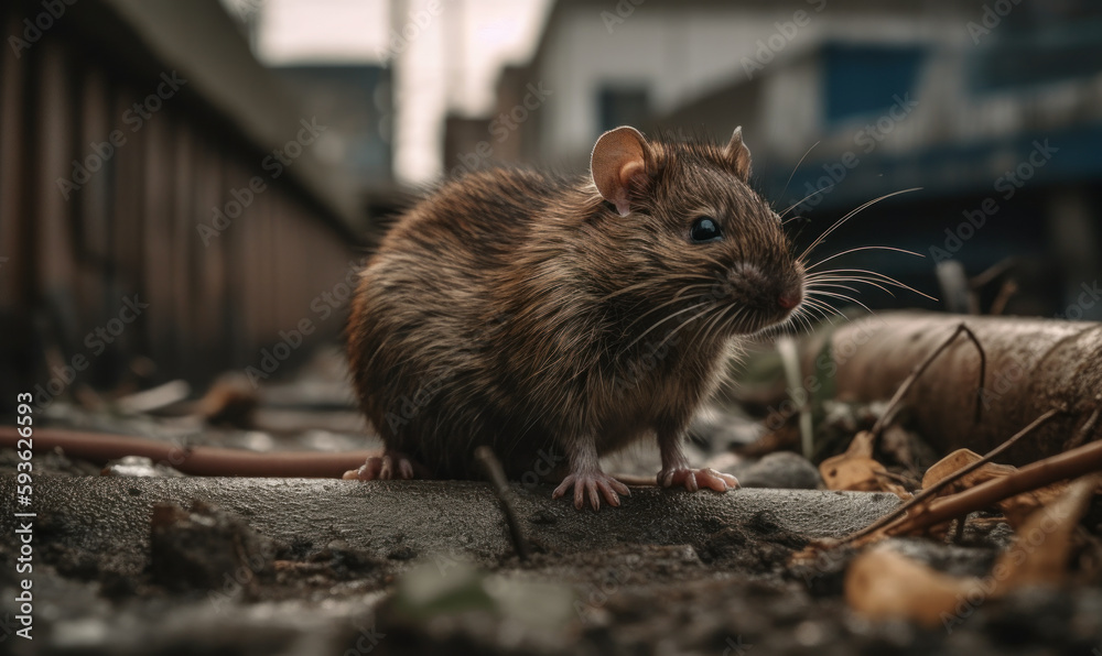Urban Explorer: Photo of brown rat navigating through a gritty, urban landscape in the Concrete Jungle. Generative AI