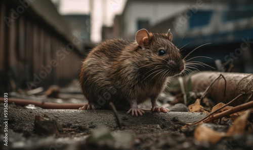 Urban Explorer: Photo of brown rat navigating through a gritty, urban landscape in the Concrete Jungle. Generative AI photo