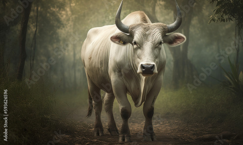 photo of Brahman bull on forest path. Generative AI © Bartek