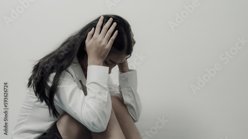 Depression anxiety woman asian chinese people feeling sad tired and worried, problems and broken heart concept.