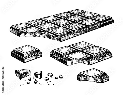 Vector sketch illustration set of crumbled Chocolate. Vintage style drawing.