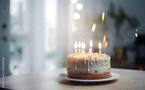 Close-up of Birthday Cake on Table with Blurred Home Party Background and Copy Space