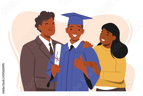 Happy Graduate Boy Stands Beside His Proud Parents. Dad and Mom Characters Smiling, They Celebrate Academic Achievement