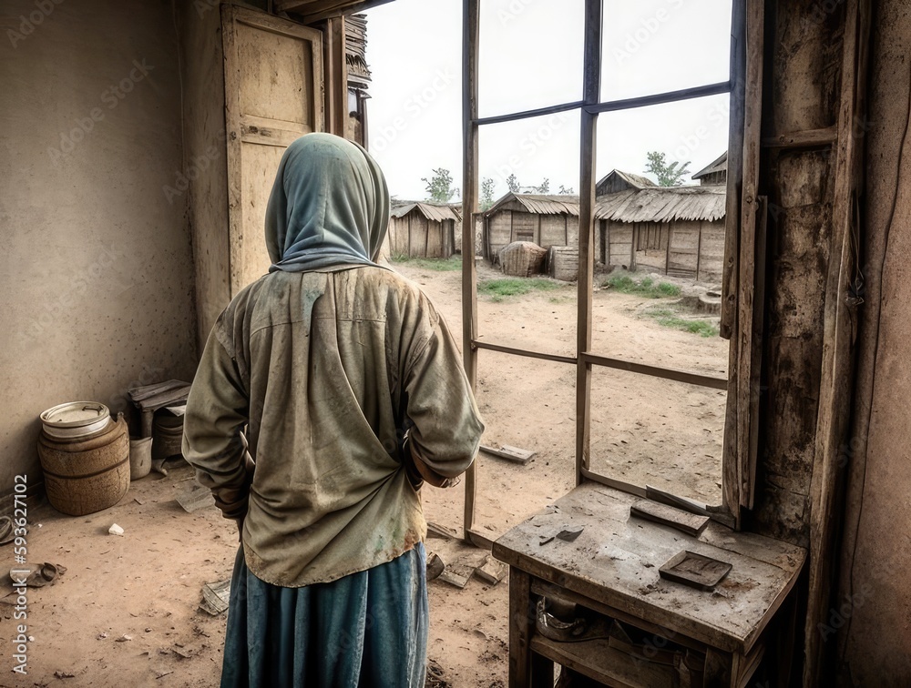 Old woman standing in front of the window of an old abandoned house. Third world country. Poverty concept. Generative AI Old woman standing in front of the window of an old abandoned house. Third world country. Poverty concept. Generative AI