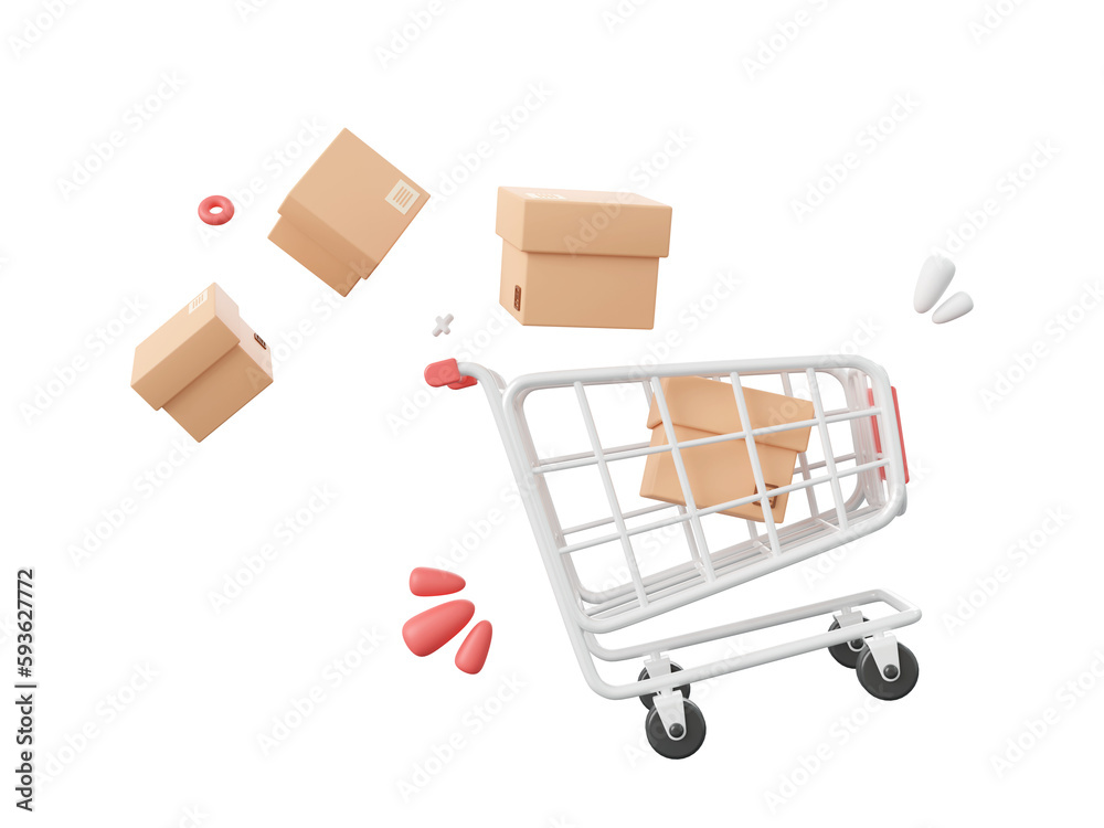 Shopping cart with parcel box, 3d cartoon icon isolated on pink background, 3d illustration.