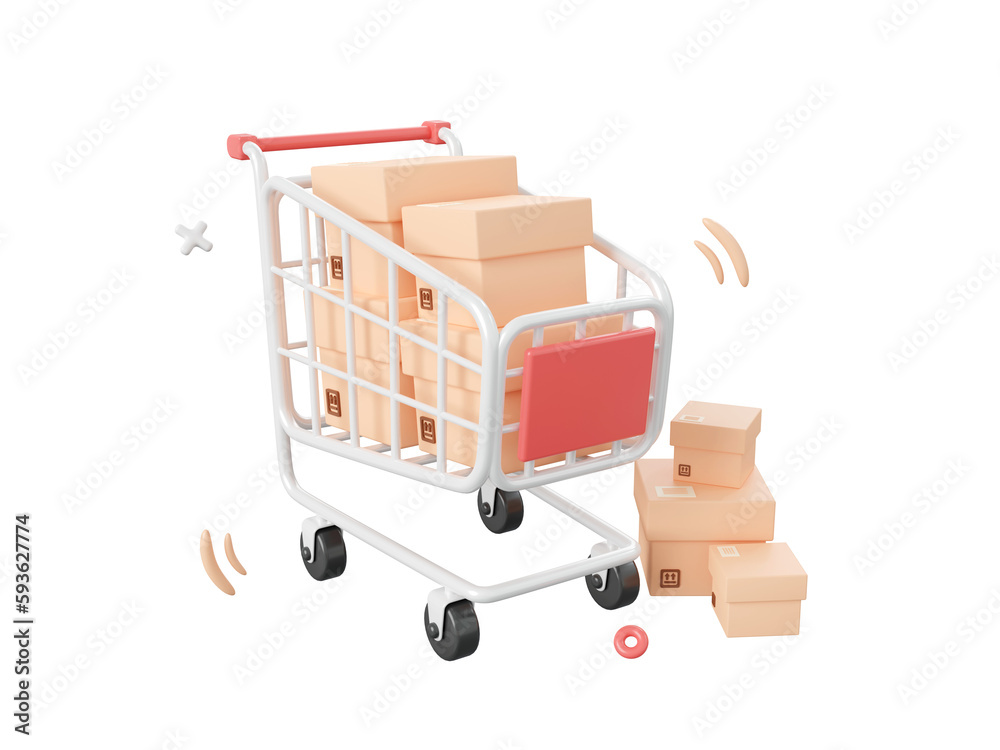 Shopping cart with parcel box, 3d cartoon icon isolated on pink background, 3d illustration. Shopping cart with parcel box, 3d cartoon icon isolated on pink background, 3d illustration.