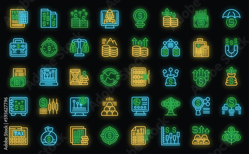 Capital gain icons set outline vector. Economic business. Money raise neon color on black