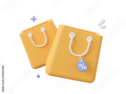 3d cartoon design illustration of Shopping bags with discount tag. Shopping online concept.