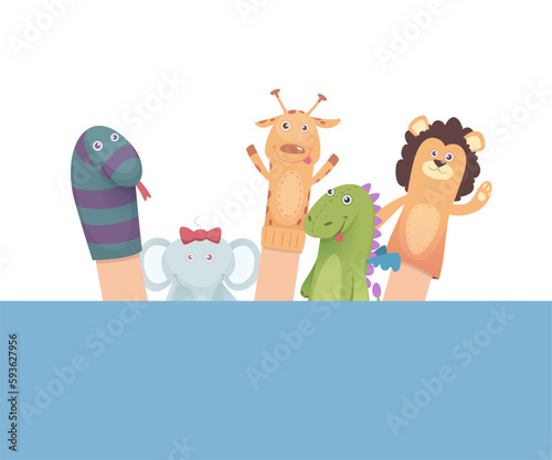 Sock puppets. funny attraction for kids cartoon animals from socks. Vector pictures of puppets