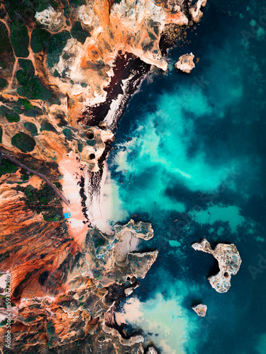 An aerial view of one of the beautiful beaches (praia) in Lagos, the Algarve region of southern Portugal. 