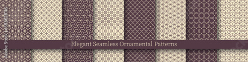 Collection of seamless ornamental vector patterns. Purple and beige oriental symmetry elegant backgrounds. Geometric tile mosaic design. Grid textures - decorative textile prints