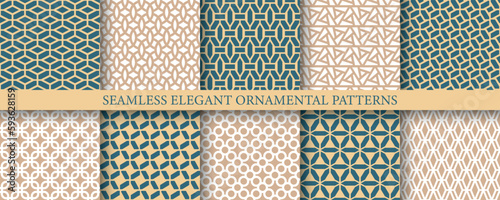 Collection of vintage seamless geometric color patterns - elegant design. Ornamental repeatable luxury backgrounds. Endless textile prints