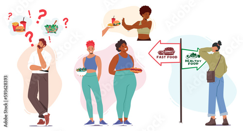 Men and Women Characters Choosing Between Healthy And Unhealthy Food Options, Dilemma of Nutritious Choice