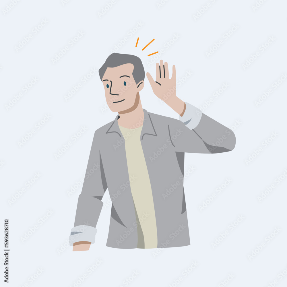 People smiles and holds hand near his ear. The guy listening or hearing and accept all opinion.Comunication concept.Vector illustration. People smiles and holds hand near his ear. The guy listening or hearing and accept all opinion.Comunication concept.Vector illustration.