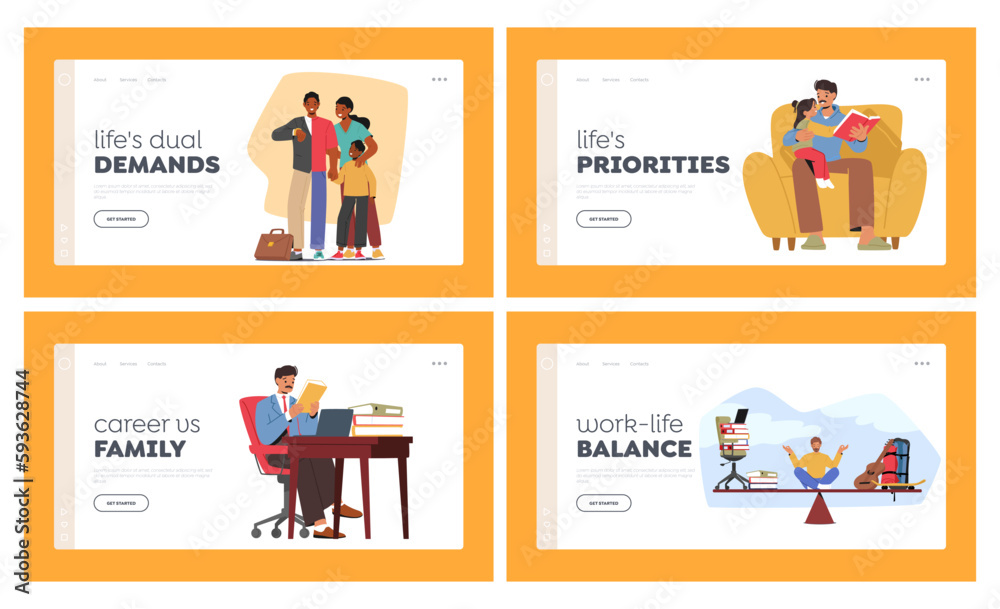 Struggle Between Career And Family Priorities Landing Page Template Set. Balance Scale With Working Man Character