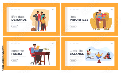 Struggle Between Career And Family Priorities Landing Page Template Set. Balance Scale With Working Man Character
