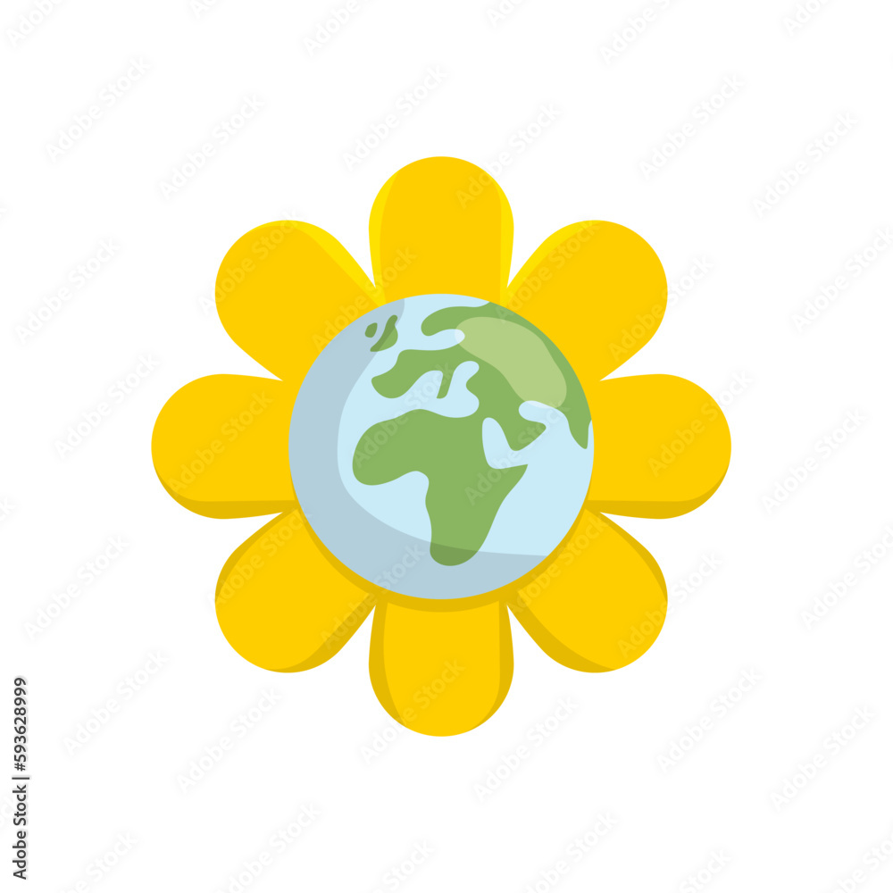 Planet earth flowering. Flower bloom with the world map in the center. Vector illustration. Planet earth flowering. Flower bloom with the world map in the center. Vector illustration.