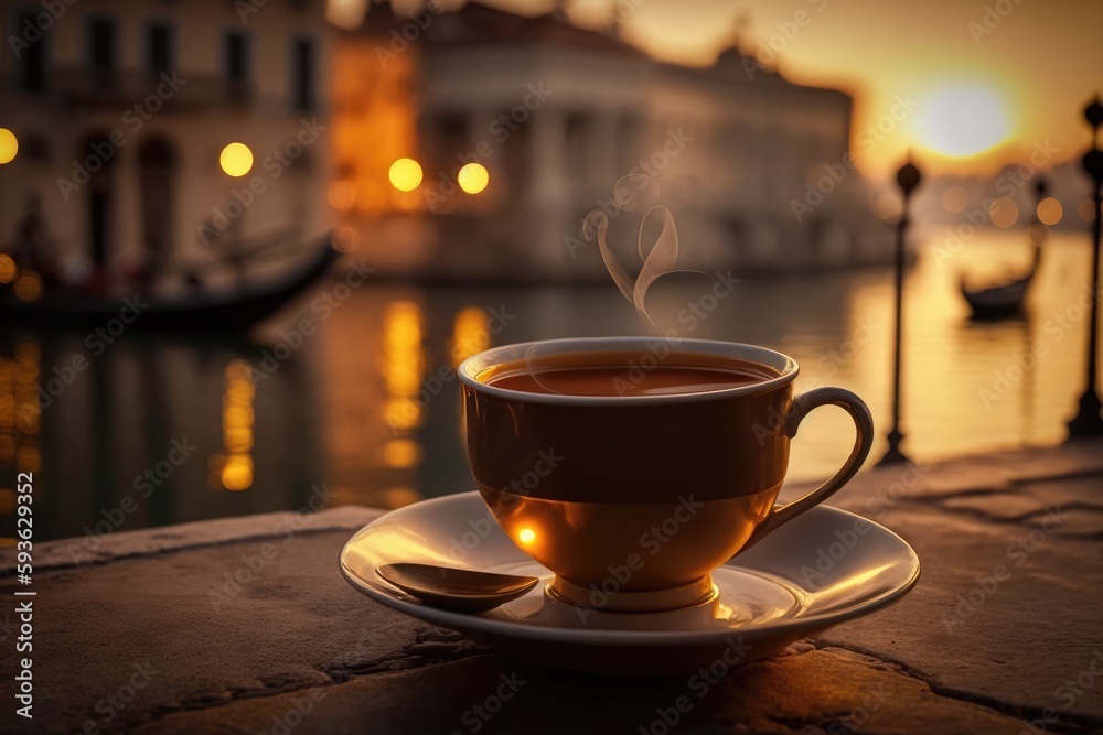 Cup of hot coffee with bokeh lights in Venice, Italy