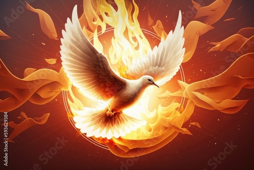 Flying dove on fire background. Freedom concept