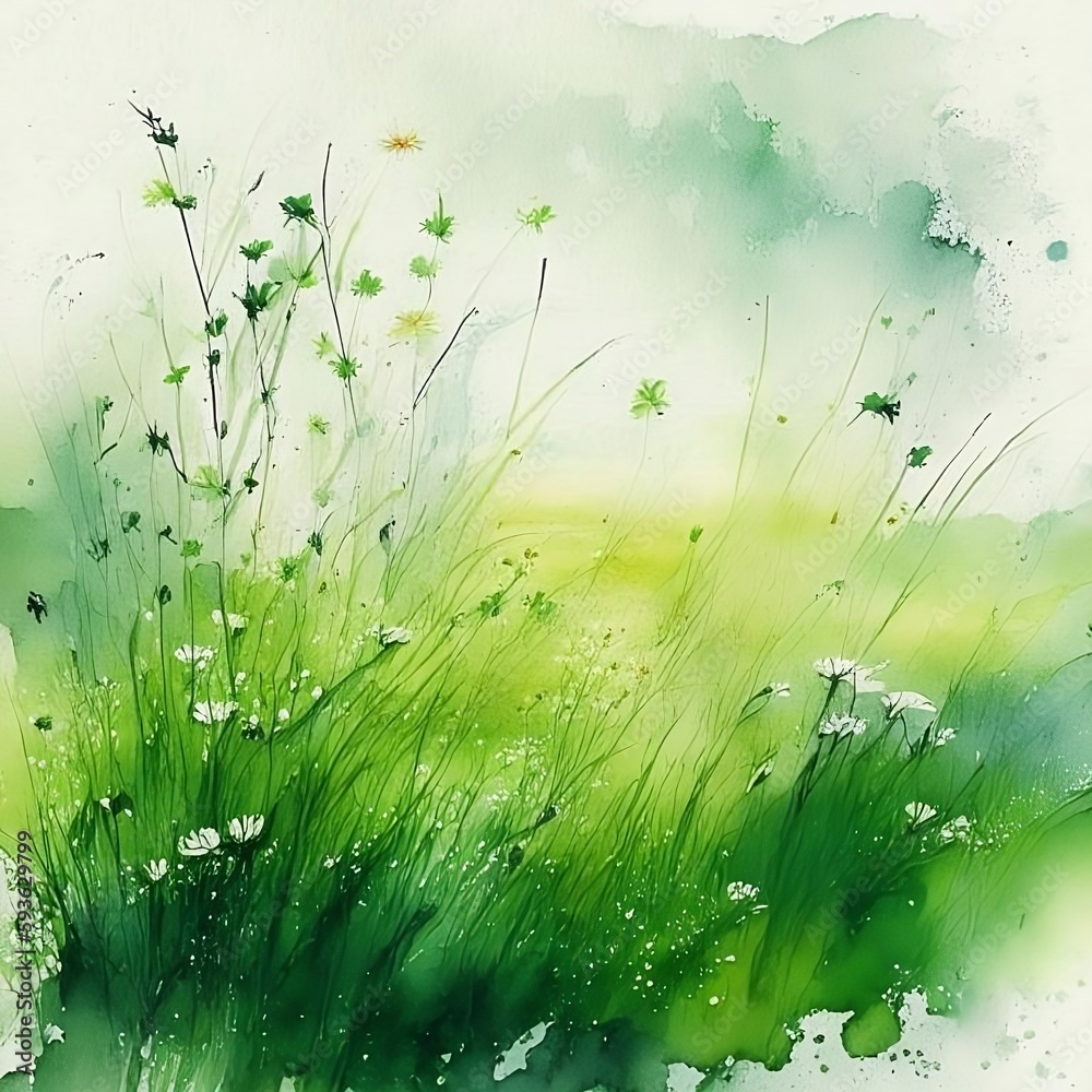 Watercolor green field with flowers.