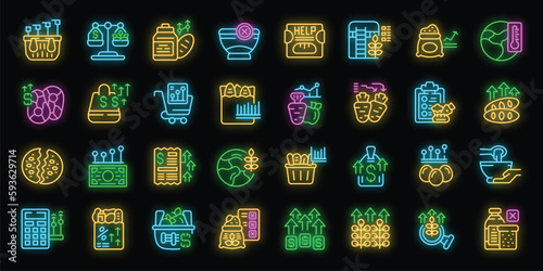 Food crisis icons set outline vector. Economy charity. Hunger agriculture neon color on black