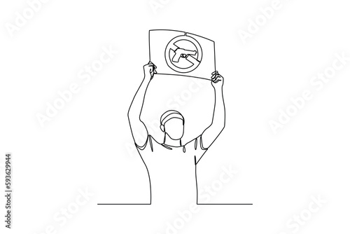 Single one line drawing Man lifting stop terrorism board. Anti terrorism concept. Continuous line draw design graphic vector illustration.