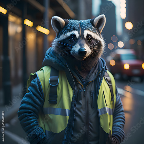 An anthropomorphic raccoon garbage collector wearing a reflective vest, Generative Al technology