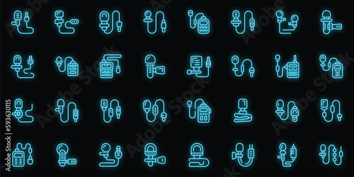 Lapel microphone icons set outline vector. Audio cable. Cable collar neon color on black