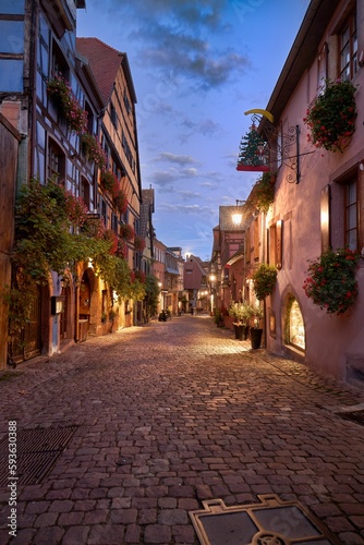 Vertical shot of Sunset in the streets of Riquewihr, Alsace, France