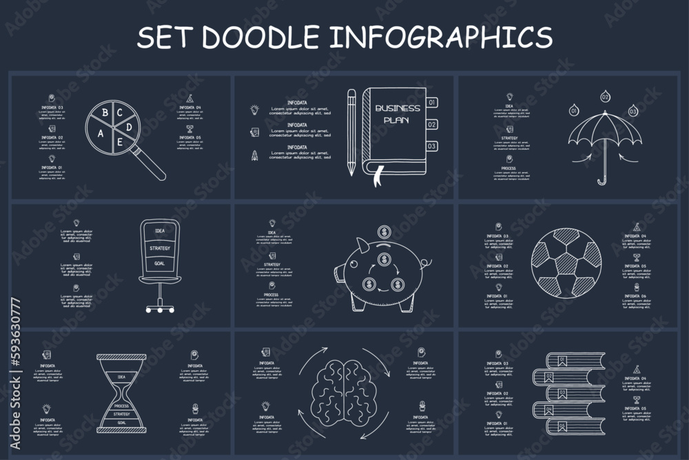 Set doodle dark infographics elements with 3, 4, 5, 6 options, template for web on a black background.