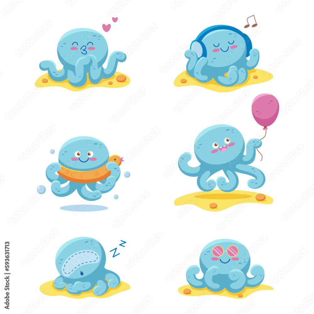 Collection funny childish octopus in different poses vector flat illustration. Cheerful kids aquatic creature with eyes and tentacles isolated. Underwater wildlife habitat set nature sea fauna