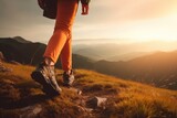Legs closeup. Hiker in mountains on sunrise. Hiking background generative ai 