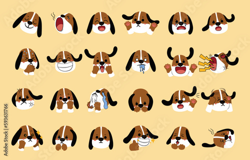 dog character in diffetent animal emotions. Facial expression flat vector illustration
