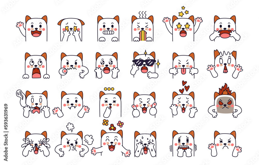 Obraz premium Cat character in diffetent animal emotions. Facial expression flat vector illustration