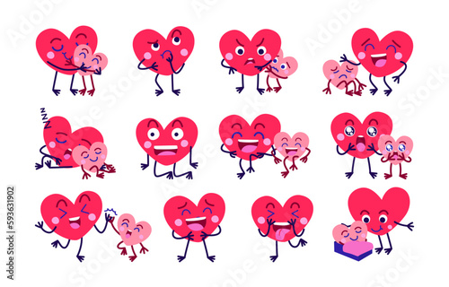 Heart shape character in diffetent emotions. Facial expression flat vector illustration